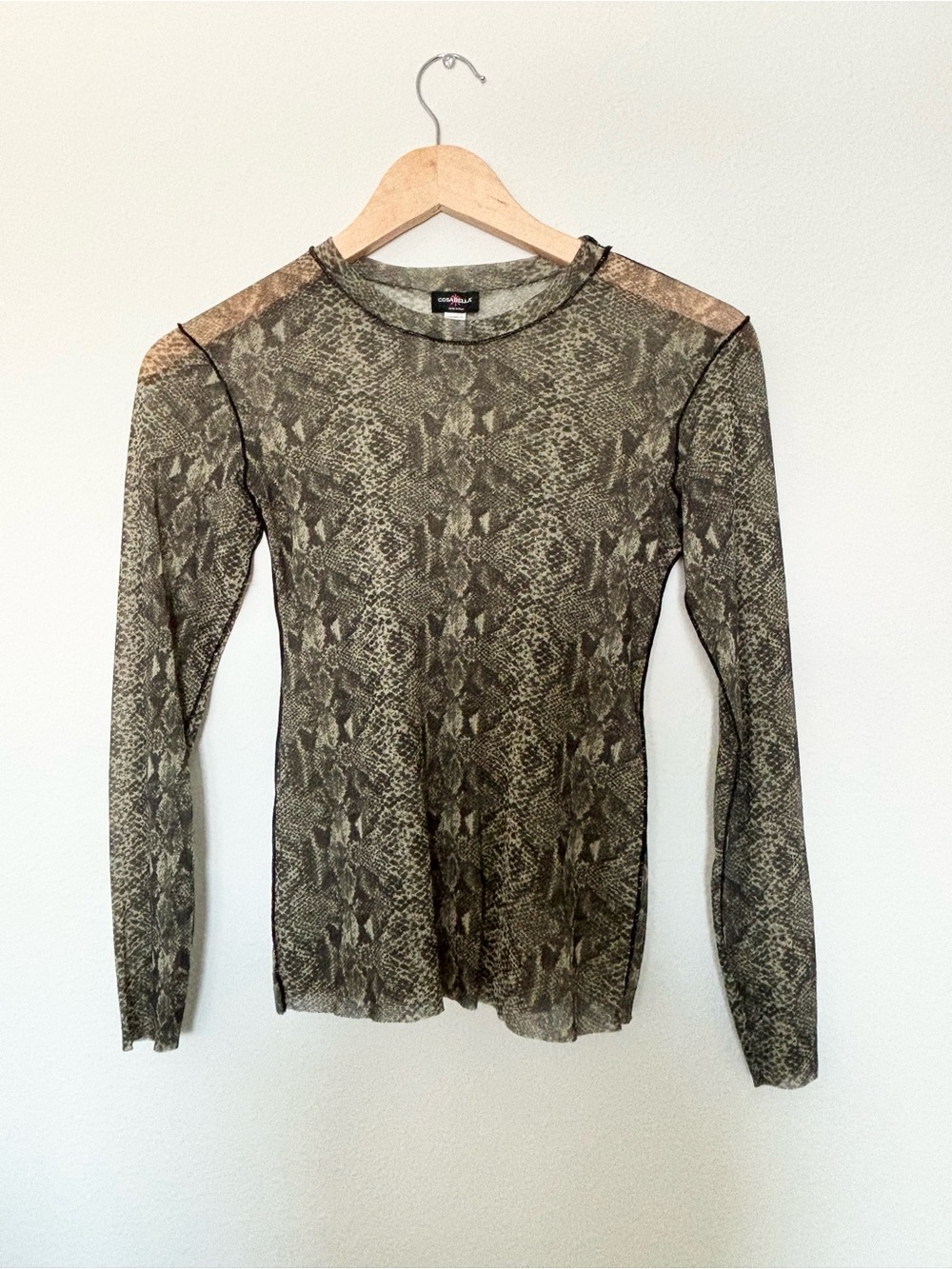 Cosabella Made in Italy Olive/Green Sheer Mesh Snake Print Top
